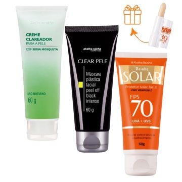 Creme Clareador Facial Rosa Mosqueta + Clear Pele Mascara Black + Protetor Solar Facial 70 FPS + Protetor Labial FPS 30