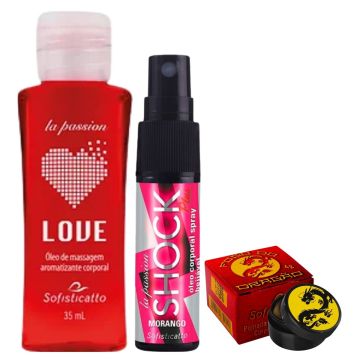 Kit 1 Love Óleo Morango 35ml + 1 Óleo Shock Plus Morango 15ml + 1 Fogo do Dragão Original 4g Sofisticatto