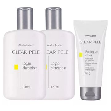 Kit Clear Pele: 2 Loção Clareadora Ameniza Manchas e Marcas + 1 Peeling de Cristal Remoção de Cravos e Impurezas