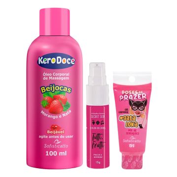 Óleo Corporal de Massagem Kero Doce Beijocas + Calda Beijável Tutti Frutti + Gel Gata Loka