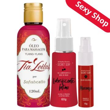 Óleo para Massagem Tia Leilah + Lubrificante Íntimo A Base De Água Secret Sexy + Calda Bejável Secret Sexy Morango