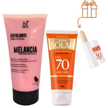 Esfoliante de Melancia Corpo e Rosto Nutry Cap + Protetor Solar Facial FPS 70 + Protetor Solar Labial FPS 30