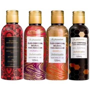 Kit Erótico Noite Sensual Óleos para Massagem Tântrica: Morango + Amarula + Sensualize + Mel Exótico