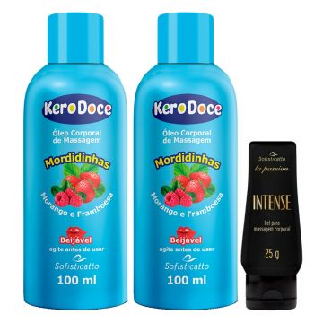 2 Óleo Corporal de Massagem Kero Doce Mordidinhas + Gel Lubrificante Intense