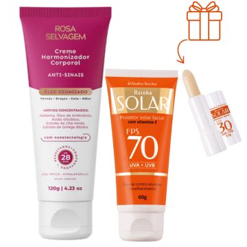 Creme Harmonizador Corporal Antissinais Rosa Selvagem + Protetor Solar Facial 70 FPS + Protetor Solar Labial 30 FPS