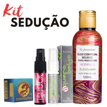 Kit 1 Beijável Morango 120ml + 1 Spray Shock Plus Morango 15ml + 1 Fogo do Dragão Ginseng Azul 4g + Quero Beijo 15ml