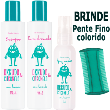 Kit Shampoo Condiconador Spray Capilar Arruda E Citronela Contra Piolhos Abelha Rainha