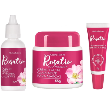 Kit Rosativ: 1 Creme Facial Clareador 55g + 1 Óleo Rosa Mosqueta 30ml + 1 Creme Regenerador Área Olhos 15g Abelha Rainha