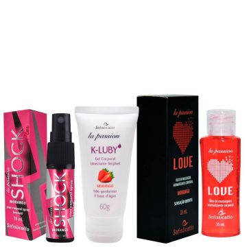 Kit 1 K-Luby Morango 60g Prazer Sofisticatto + 1 Love Morango 35ml + 1 Óleo Spray Shock Plus Morango 15ml