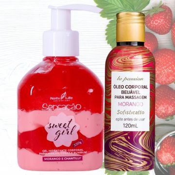 Óleo Corporal La Passion Morango + Gel Hidrante Corporal Sensação Sweet Girl Morango e Chantilly - Hidratação Corporal Super Perfumada